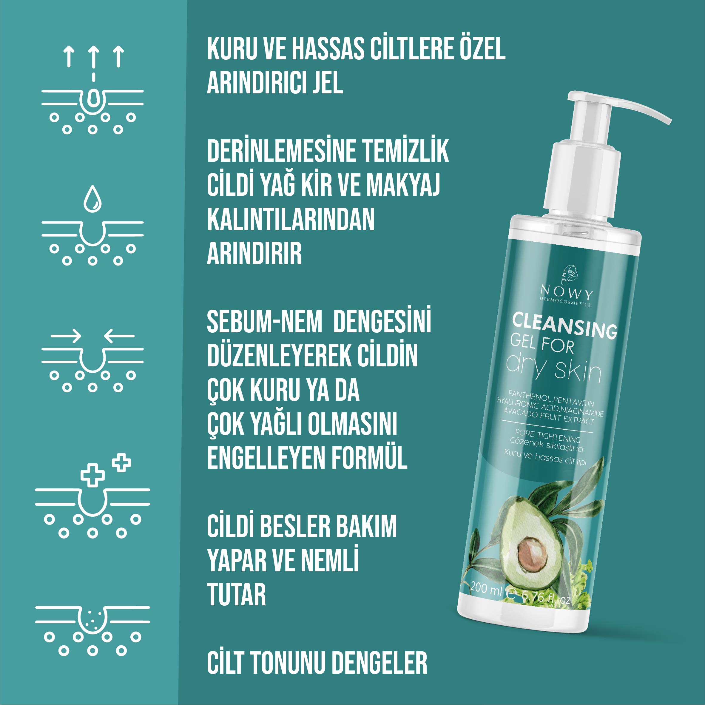 Avokado Özlü Yüz temizleme Jeli - Kuru ve Hassas Ciltler İçin Gözenek Sıkılaştırıcı & Nem Dengeleyici 200ml